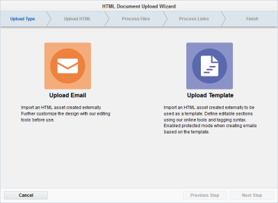 An image of the Upload Email and Upload Template options.