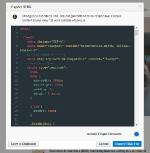 An image of the Export HTML window in the email Design Editor.