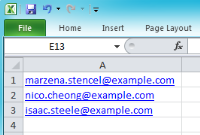 An image of a spreadsheet listing email addresses.