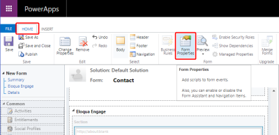 An image of the Home tab of the contact form editor window highlighting Form Properties