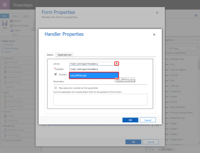 An image of the Handler Properties window highlighting the new_EPPOnLoad option