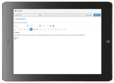 An image of an email being made in Engage on a tablet.