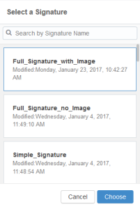 Image of the Select a Signature dialog, which allows you to search for and select a previously-configured signature.