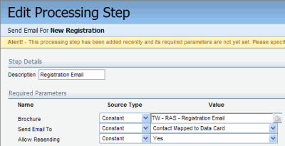 An image of the Edit Processing Step page for a New Registration email.