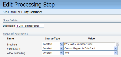 An image of the Edit Processing Step for a 1 Day Reminder email.