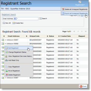 An image of the Registrants menu with Export all Unmapped Registrants highlighted. There is also a drop-down menu with Edit Registrant highlighted.