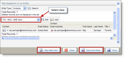 An image of the Select View drop-down list. The Map Data Card and Save and Close buttons are highlighted by a red box.