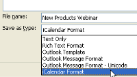 An image of the Save as Type drop-down list with iCalendar Format highlighted.