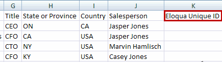 An image of a spreadsheet with the Eloqua Unique ID heading highlighted.