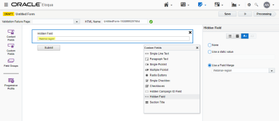 An image of the Form Editor with a hidden field configured with a field merge.