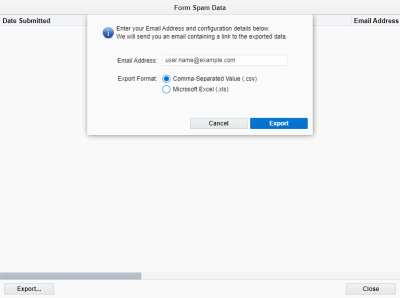 A screenshot showing a popup to export your form spam data