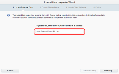 An image of the external form integration wizard with the URL field highlighted.