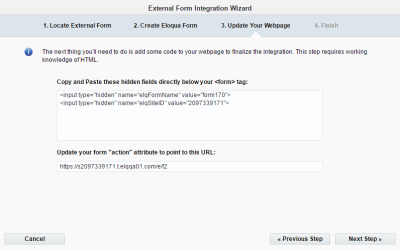 An image of the integration wizard displaying the action URL and hidden fields.