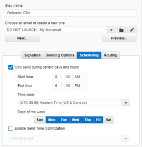 An image of the Scheduling tab in the Email step