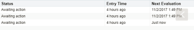 An image of the Status, Entry Time, and Next Evaluation columns of the View Campaign Step Members report