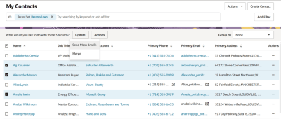 An image of the Oracle Sales Contact screen with 3 contacts selected and the Actions menu open