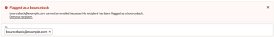 An image of the error shown if one of the chosen contacts is a Hard Bounceback