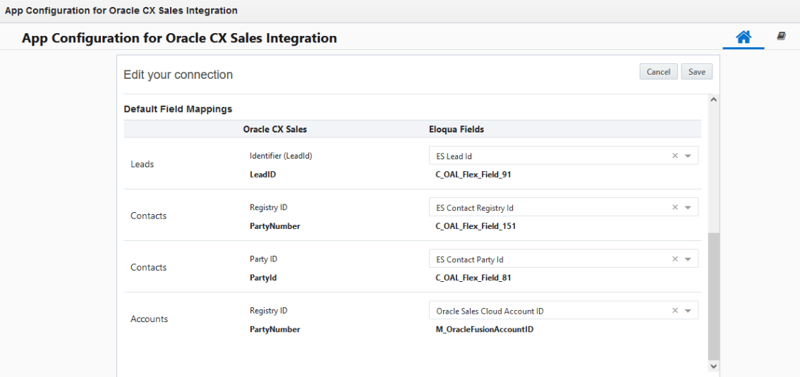 screenshot of field mappings setup screen in the Oracle Sales app
