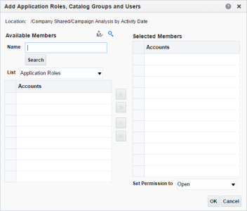 An image of the dialog box to give roles, groups, or users permissions to an Insight object