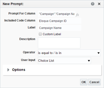 This image shows the New Prompt dialog for the Campaign Name column