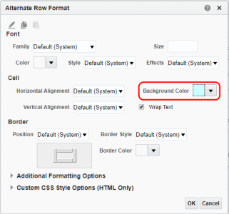 An image of the Alternate Row Format dialog