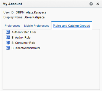 An image of the My Account dialog showing the Roles and Catalog Groups tab