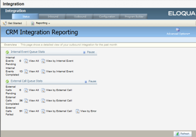 An image of the CRM Integration Reporting window.