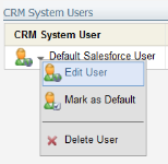 An image of the CRM System User Settings window with the user menu displayed
