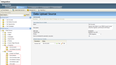 An image of the Data Upload Source page displaying the details of the Get Accounts data upload source.