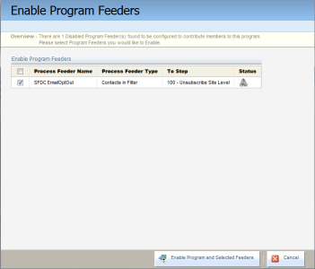 An image of the Enable Program Feeders window with the SFDC EmaiOptOut feeder checked.