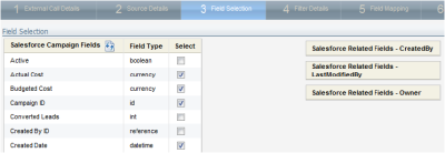 An image of the External Call Wizard displaying an example of Salesforce fields selected for closed-loop reporting