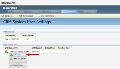 An image of the CRM System User Settings window with the Edit User menu option displayed.