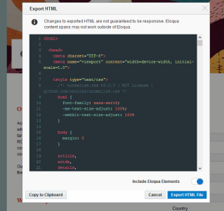 An image of the Export HTML window for the landing page Design Editor.