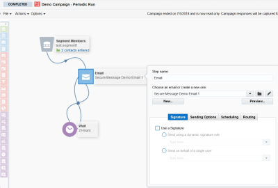 An image of the configuration settings for the Email element on the campaign canvas.