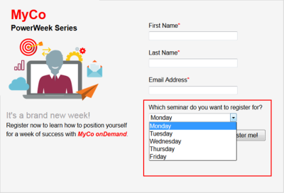 An image of a sample landing page that hosts a form with a picklist for the days of the week