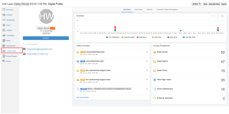 An image of the Profiler and Engage subtabs in Oracle CX Sales
