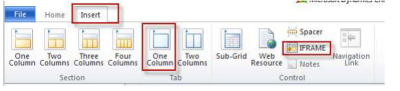 An image of the Microsoft Dynamics top menu. The Insert tab, One Column option, and IFRAME button are all highlighted in red boxes.