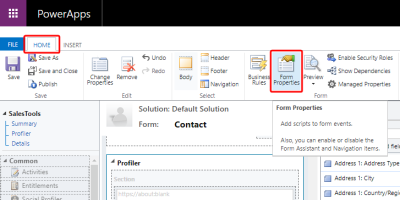 An image of the Home tab of the contact form editor window highlighting Form Properties