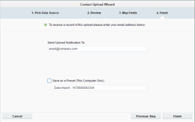An image of the final page of the contact upload wizard