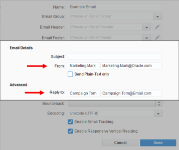 An image of the Email Details and Advanced sections. The From and Reply-To fields are highlighted by red arrows.