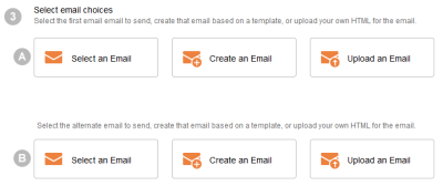 An image of step 3 of the simple email campaign design wizard. In this step you choose the emails to include in the A/B test