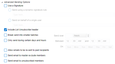 An image of the advanced sending options available from the simple email campaign design wizard