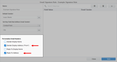 An image of the Personalize Email Headers section with Sender Display Address and Reply-To Address selected.