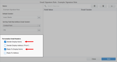 An image of the Personalize Email Headers section with Sender Display Name and Reply-To Address selected.