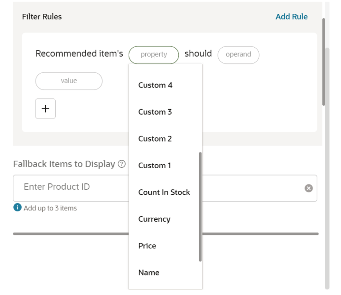 Screenshot showing setup of filter rules for recommendation