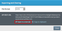 Image of the export and sharing dialog showing the open in a new tab and copy to clipboard options