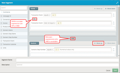 Image of the New Segment dialog highlighting the AND operator and the Move up button for adjusting the order of scopes