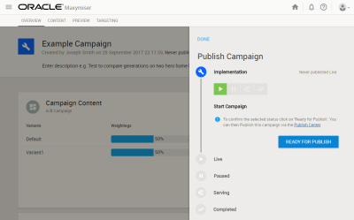 Image of the Publish Campaign panel, which displays the campaign status