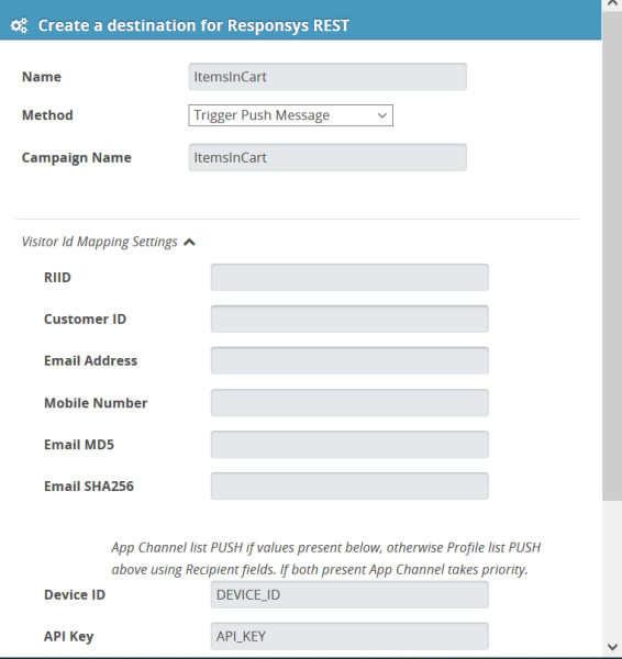 The Create a Destination for Responsys REST is displayed