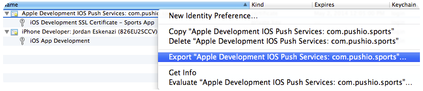 Exporting the Apple Development iOS Push Services certificate